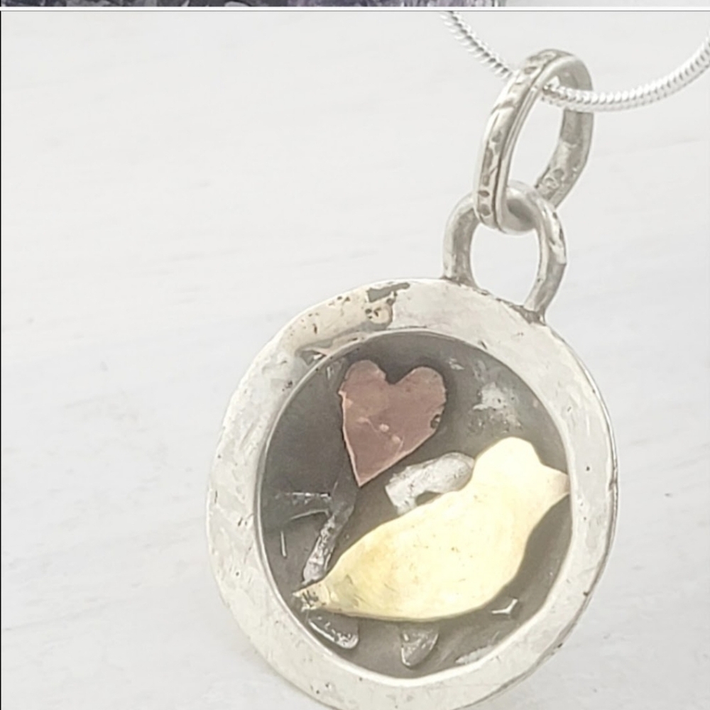 BIRD HEART HOLLOW PENDANT HANDMADE IN STERLING SILVER,COPPER & BRASS METAL - Picture 2 of 6